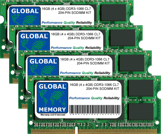 16GB (4 x 4GB) DDR3 1066MHz PC3-8500 204-PIN SODIMM MEMORY RAM KIT FOR LAPTOPS/NOTEBOOKS